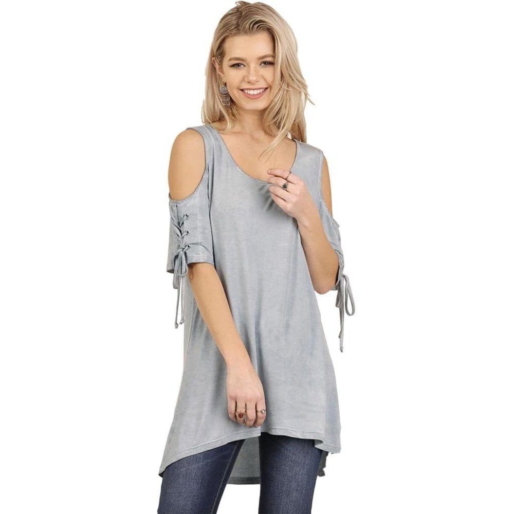 Umgee Womens Cold Shoulder Tunic Drawstring Sleeves - Light Denim, Small NEW
